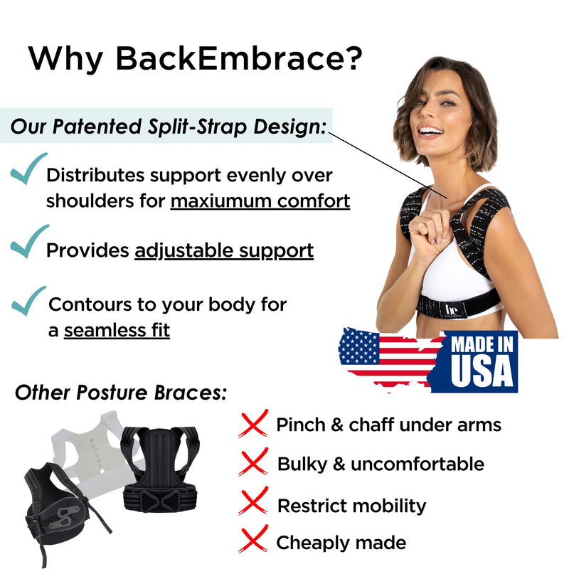 BackEmbrace Posture Corrector for Women and Men - Made in USA - Slim and Adjustable Shoulder Brace - Back Brace for Back Pain Relief- Black Drizzle M/L