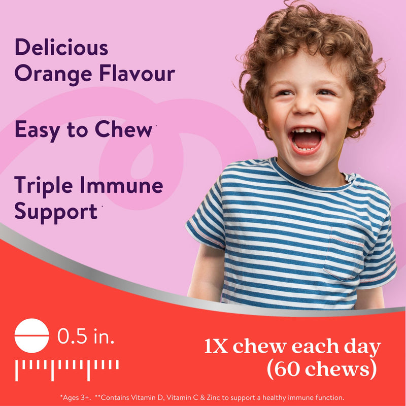 Active Immune Kids Supplement, Vitamin D, C & Zinc, Daily Multivitamin for Kids Immune System, Chewable & Easy to Swallow, 60 Orange Flavoured Chews, 2 Month Supply Immune for Kids