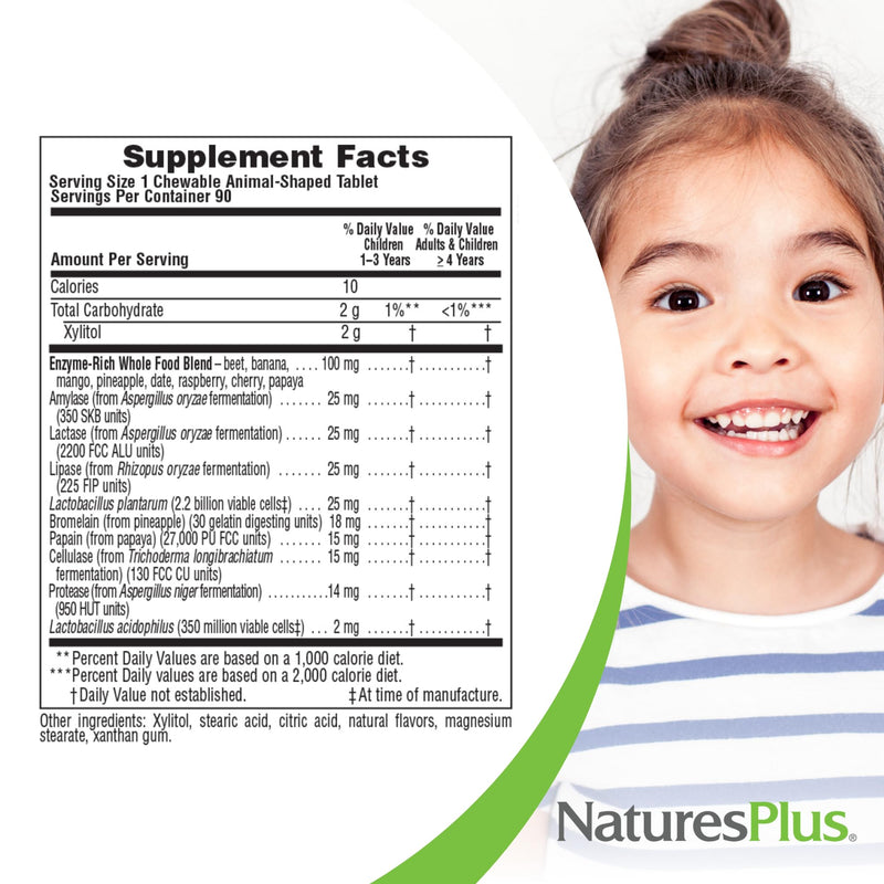 NaturesPlus Animal Parade Tummy Zyme Children’s Chewable, Tropical Fruit Flavor - 90 Animal-Shaped Tablets - Contains Live Probiotics - Vegetarian, Gluten Free, Sugar Free - 90 Servings