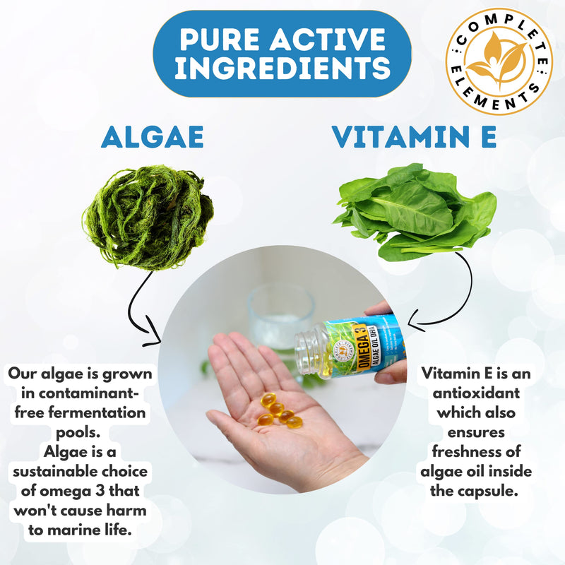 Vegan Omega 3 Algae Oil | Sustainable Algal Alternative to Fish Oil | 60 High Strength Capsules | 400mg DHA Supplement with Vitamin E | Vegetarian Essential Fatty Acids | Heart, Joints, Brain Health