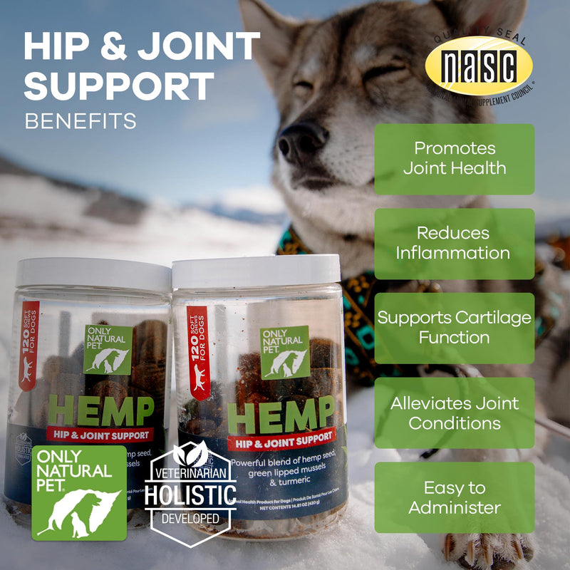 Only Natural Pet Hemp Hip & Joint Support for Dogs - Supplement for Mobility Wellness Pain Relief Healthy Inflammatory & Bone Stiffness - Chews w/Fatty Acid Blend Mussels & Turmeric - 120 Count 14.72 Ounce (Pack of 1) - PawsPlanet Australia