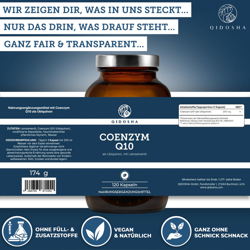 [Australia] - QIDOSHA® Coenzyme Q10 capsules high dosage, 200mg Coenzyme Q10 liquid per capsule, 120 vegan softgel capsules in a glass, ubiquinone embedded in linseed oil for optimal bioavailability, Q10 as ubiquinone 