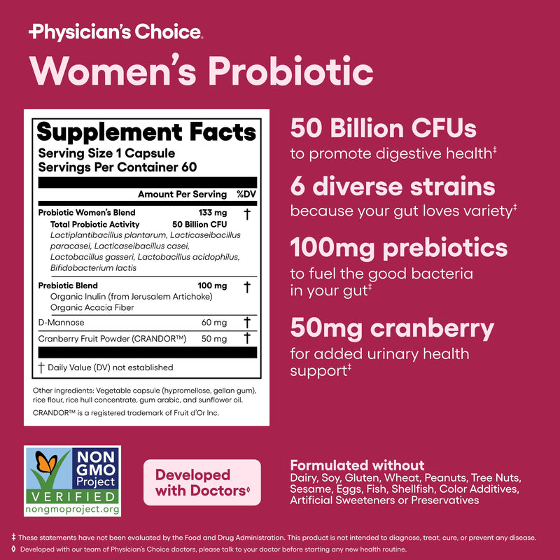Physician's Choice Probiotics - PH Balance, Digestive, UT, & Feminine Health - 50 Billion CFU - 6 Unique Strains for Women - Organic Prebiotics, Cranberry Extract+ - Probiotic - 60 CT 60 Count (Pack of 1)