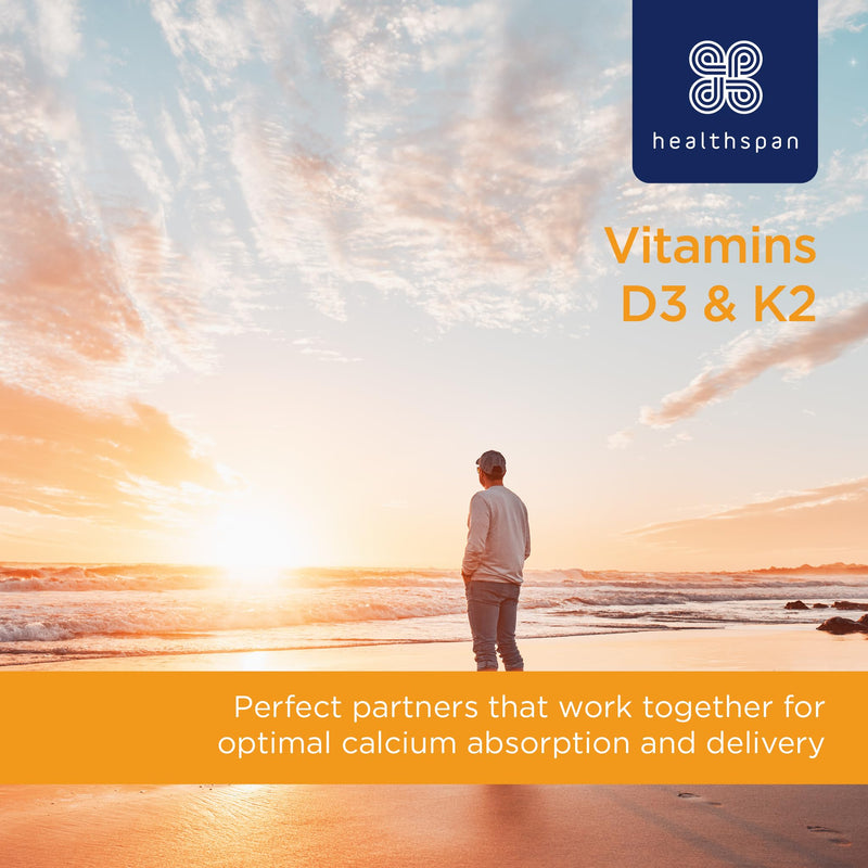 Healthspan Vitamin D3 & K2 | 60 Tablets | for Immune, Bone & Blood Health | 100ug Vitamin D3 & 100ug Vitamin K2 | Optimal Calcium Absorption and delivery | Pure, Active Form MK-7 | Vegetarian