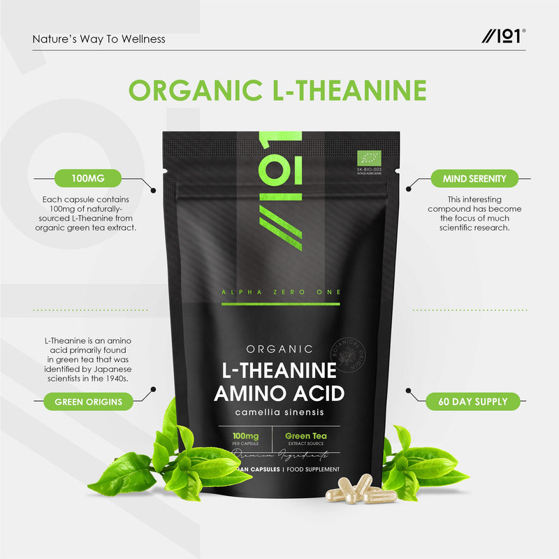 Organic L-Theanine 100mg from Green Tea Extract - 60 Vegan Capsules (2 Months Supply) - High Strength Theanine Amino Acid Supplement - By Alpha01