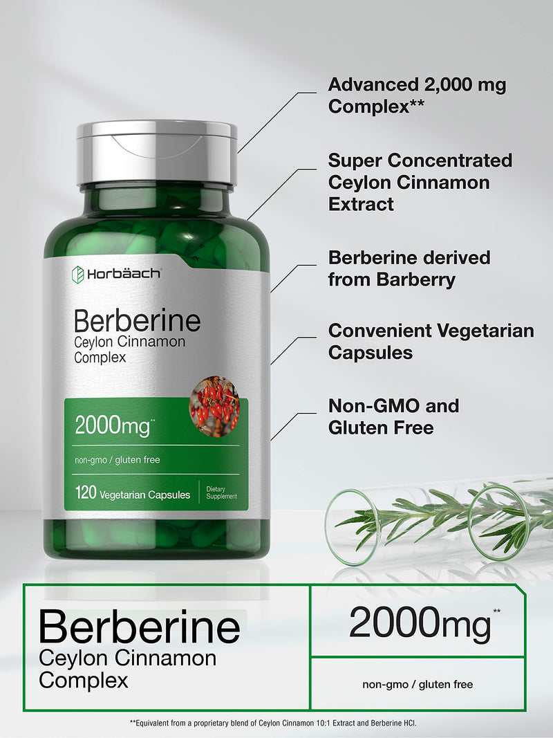 Horbaach Berberine Plus Ceylon Cinnamon | 2000mg | 120 Veggie Capsules | Vegetarian, Non-GMO & Gluten Free Supplement | Berberine Complex