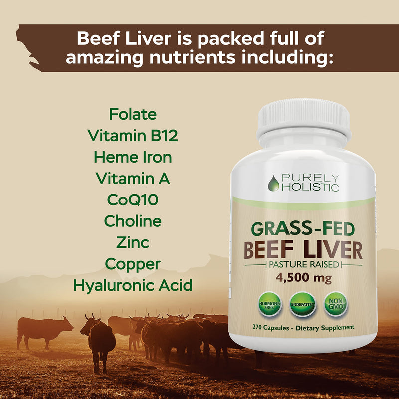 [Australia] - Grass Fed Beef Liver Capsules 4500mg - 270 Capsules, 750mg Each - Grassfed Desiccated Liver Supplement - Pasture Raised in Argentina Non GMO Hormone Free Source of Heme Iron CoQ10 Vitamins A & B12 