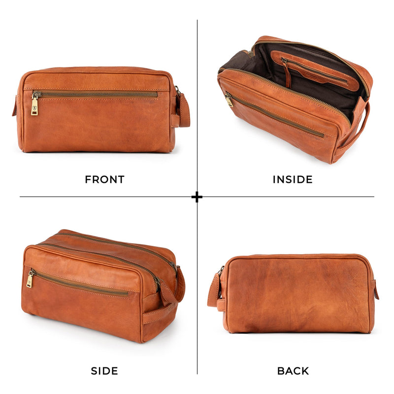 BERLINER BAGS Vintage Genuine Leather Toiletry Bag For Men Tim M, Brown | Leather Travel Bag, Large Capacity, 2 Zippered Compartments, Leather Handles, Cosmetics Bag for Men and Women Brown M