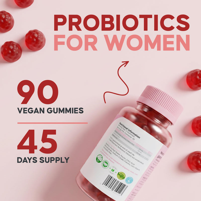 Probiotics for Women Gummies – 20 Billion CFU Probiotic Blend with Cranberry & Prebiotic Inulin – Digestive & Intimate Flora Support – 90 Sugar Free Vegan Gummies – Raspberry Flavour
