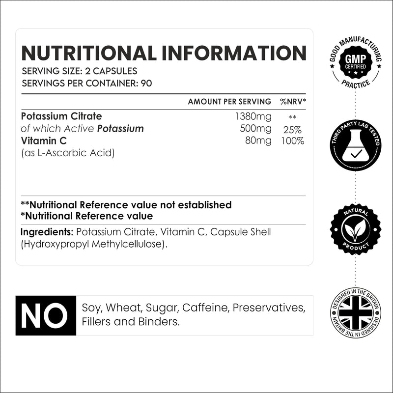Potassium Supplement with Vitamin C 1460mg | 2 Months Supply | 180 Capsules | Electrolytes Capsule | Bioavailable Potassium Citrate Form | Non-GMO, Gluten-Free & Vegan-Friendly | Designed in The UK
