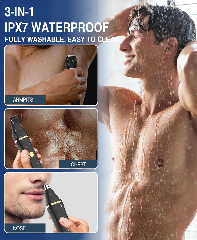 [Australia] - Intimate razor for men, 3 in 1 nose hair trimmer and razor for men, electric, wet and dry use, trimmer for men's intimate area for chest, legs, armpit, groin, nose with standing charging station, IPX7 black 