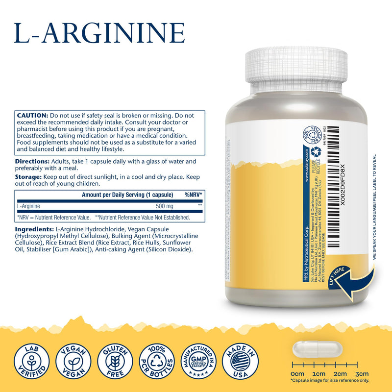 Solaray L‑Arginine 500mg – 100 Vegan Capsules – Pure Free‑Form Amino Acid – Gluten Free – Lab Verified