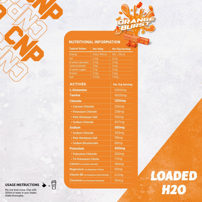CNP Professional Loaded H20 Advanced Hydration Formula with Potassium, Sodium & Chloride for Electrolyte Balance. 20 Servings, 300g 5 Mouth-Watering Flavours (300g, Orange Burst)