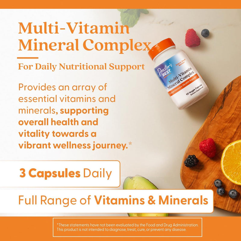 Doctor's Best Multi-Vitamin Mineral Complex - Daily Vegan Multivitamin for Women & Men, Vitamins A, C, D3, E, K2, Riboflavin, & Niacin, Health Support Supplement for Adults, Non-GMO - 90 Veg Capsules 90 Count (Pack of 1)