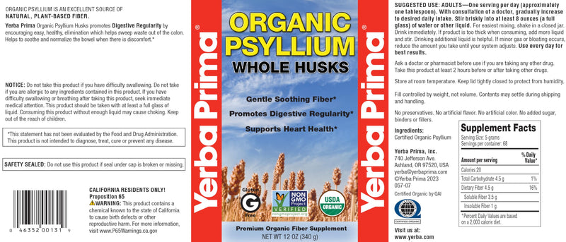 [Australia] - Yerba Prima Organic Psyllium Whole Husks 12 oz - Natural Dietary Fiber Supplement, Non GMO, Gluten Free, Keto and Vegan Friendly for Regularity Support, Unflavored 12 Ounce (Pack of 1) 