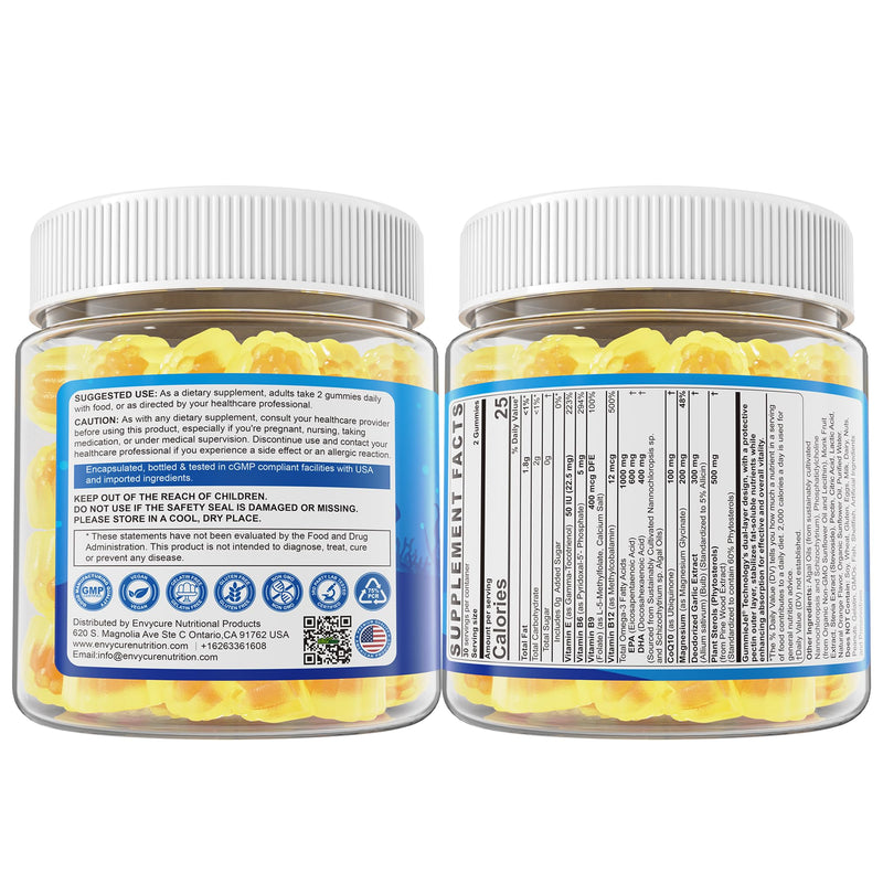 Omega-3 Gummies + CoQ10+ Magnesium- EPA 600mg & DHA 400mg, Fish Oil Omega 3 Supplements Alternative for Women Men Adults, from Vegan Algae Oil, Liposomal Form, Plant Sterols, Garlic, Sugar Free, 2Pack 60 Count (Pack of 2)