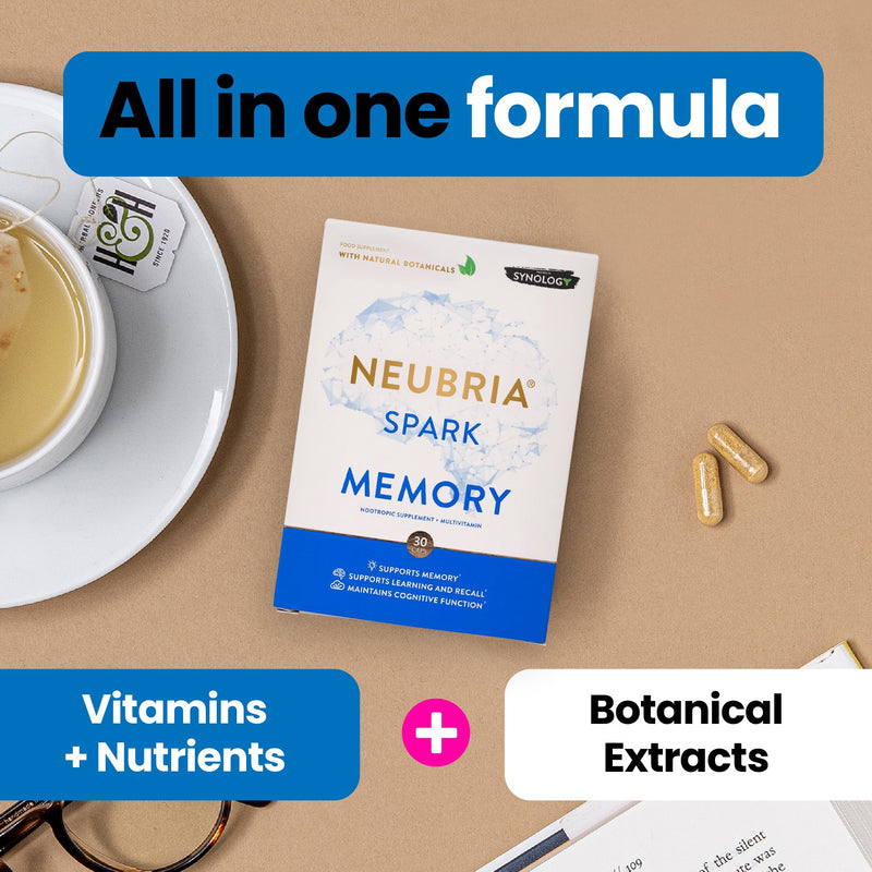 NEUBRIA Spark Memory Supplement – Multivitamin for Adults with Bacopa Monnieri, Ginkgo Biloba, Turmeric, Ashwagandha, CoQ10 & Citicoline – Nootropic Brain Support – 30 Capsules Spark - Memory 30 Tablets 30 count (Pack of 1)