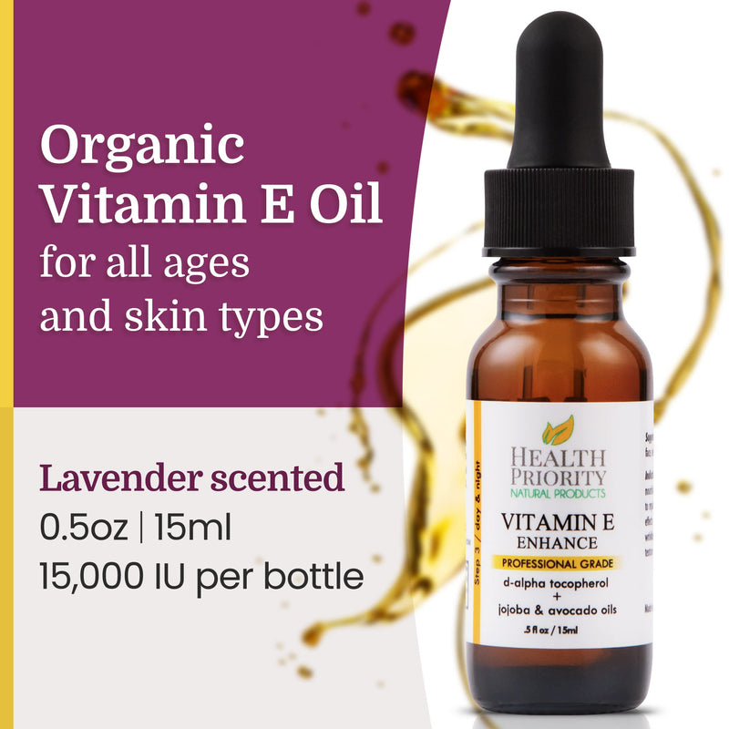 Health Priority Naturals|Vitamin E Oil - for Face/Hair - Organic, Handmade, Non-GMO, Gluten-Free, Vegan - For Scars, Wrinkles, Stretch Marks - Scented, 15,000 IU, 0.5 Fl Oz 0.5 Fl Oz (Pack of 1)