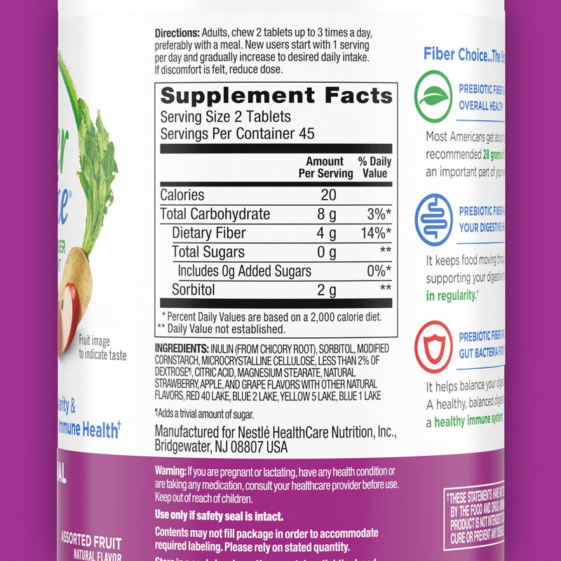 [Australia] - Fiber Choice Daily Prebiotic Fiber Chewable Tablets, Assorted Fruit, 90 Tablets (90 Count (Pack of 1)) 90 Count (Pack of 1) 