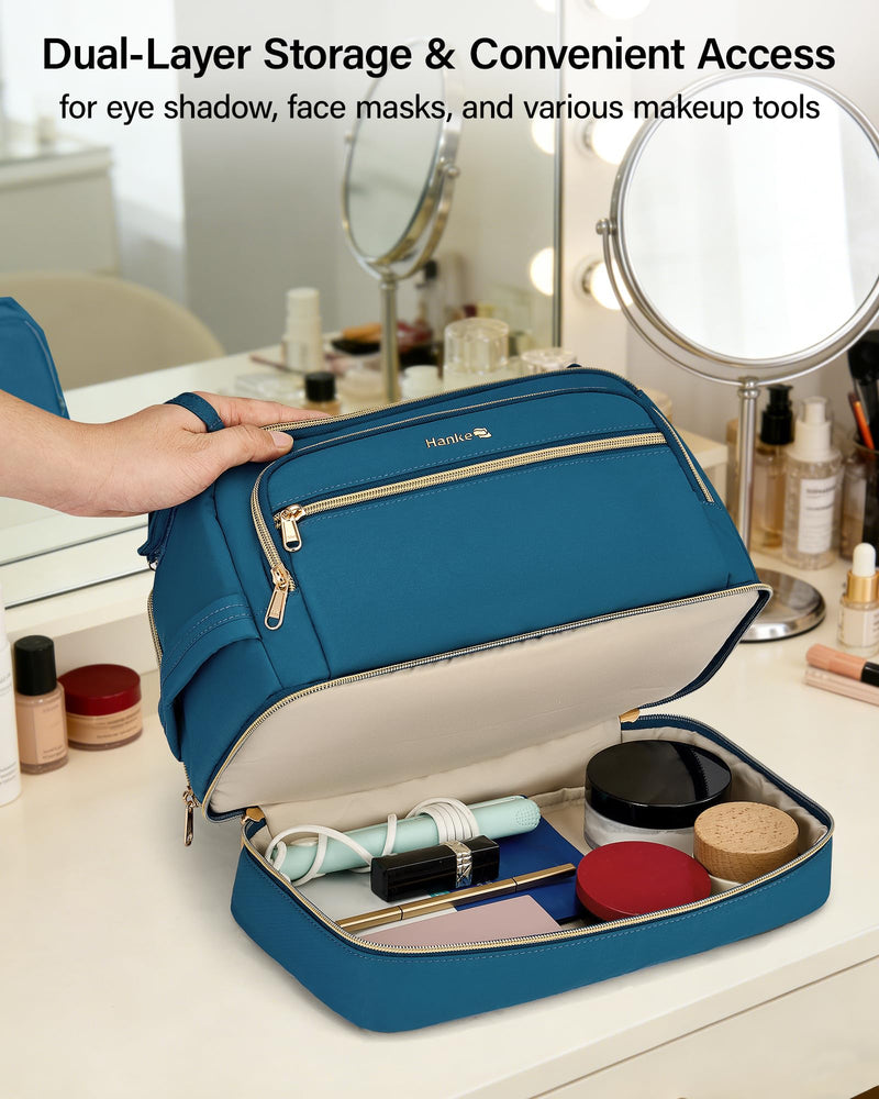 Hanke Travel Toiletry Bag, Lightweight Wide-open Makeup Bag, Dual-Layer Travel Bag for Toiletries Water-Resistant Cosmetic Bags Large Toiletry Bags for Women & Men, Travel Essentials, Navy Blue