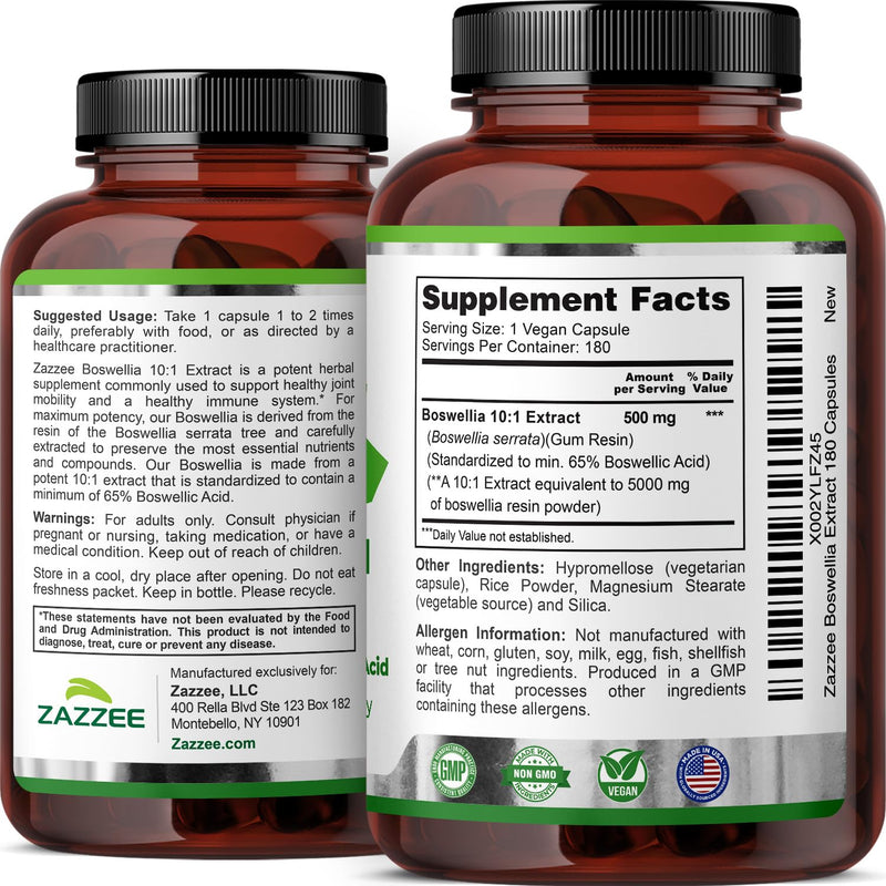 [Australia] - Zazzee Extra Strength Boswellia Serrata 10:1 Extract, 5000 mg Strength, 65% Boswellic Acid, 180 Vegan Capsules, 6 Month Supply, Standardized 10X High Potency, 100% Vegetarian, All-Natural, Non-GMO 