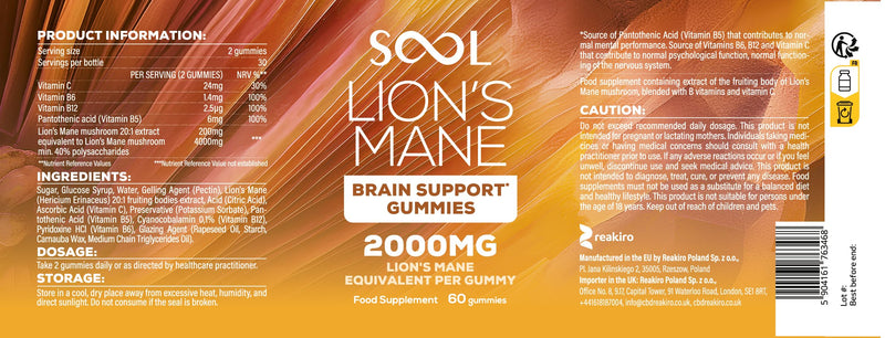 SOOL Lion's Mane Mushroom Gummies, 2000mg, 60pcs