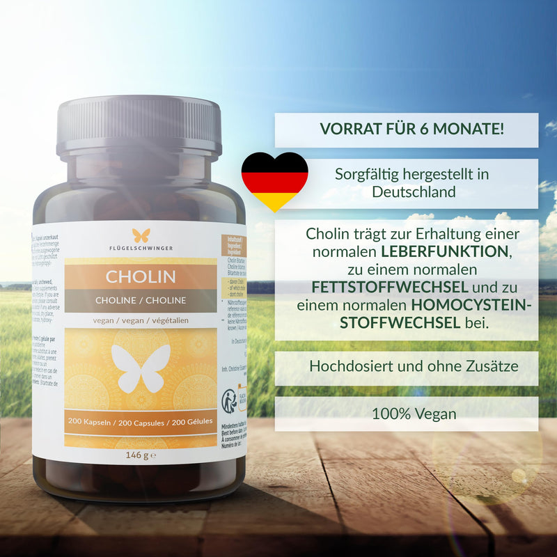 [Australia] - 200 choline capsules for 6 months, for normal fat metabolism and normal liver function, without additives, vegan 