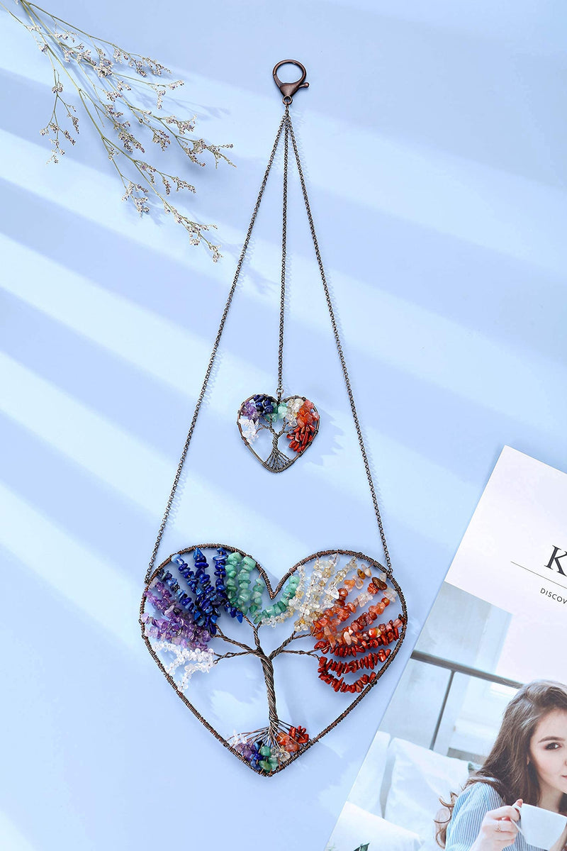 Jovivi Bundle - 2 Items Double Heart Tree of Life Hanging Ornament 7 Chakra Reiki Healing Crystals + 7 Chakra Healing Crystals Tree on Agate Slice Base