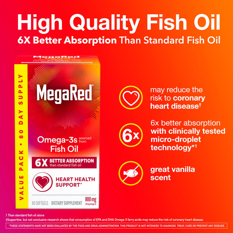 MegaRed Fish Oil 800mg Omega 3 Supplement with EPA & DHA, Supports Heart, Brain, Joint and Eye Health, No Fishy Aftertaste - 80 Softgels (80 Servings) | High Quality Fish Oil, EPA & DHA, 6x absorption, Heart, Brain, Joint & Eye Support, Vanilla scent, ...