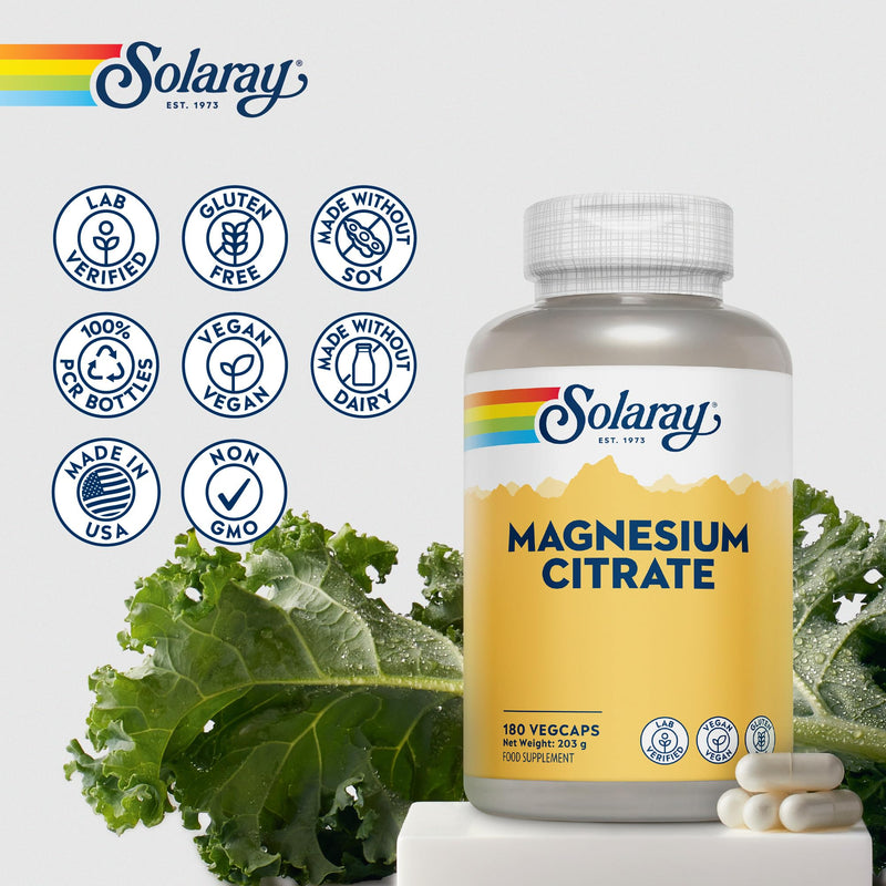 Solaray Magnesium Citrate 400mg Elemental Magnesium per Serving - 180 Vegan Capsules - High Strength Supplement - Energy, Muscle, Nervous System Support - Lab Verified
