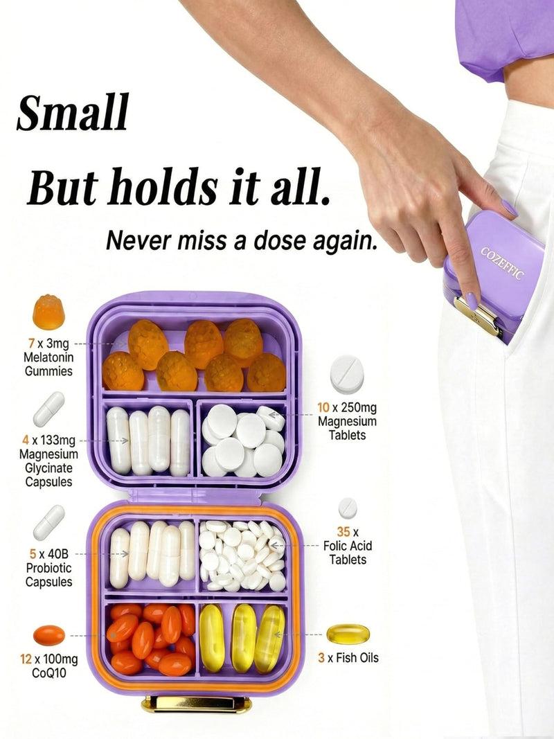 Small Pill Case Travel Pill Box with 7 Compartments for Purse - Compact Pill Organizer for Medicine Vitamin - Portable Container for Supplements & Fish Oil - Lavender