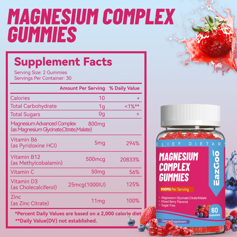 Magnesium Gummies 800mg for Women Men with Vitamin D3, C, B6, B12 & Zinc | 3 Forms of Magnesium (Citrate, Glycinate, Malate), Magnesium Complex Gummies for Muscle, Mood & Energy, Vegan 60 Counts 60 Count (Pack of 1)