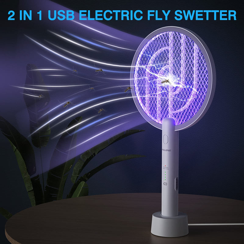 [Australia] - PALONE Electric Fly Swatter 3000V Bug Zapper Racket 2 in 1 Fly Swatter with 1200mAh Battery Rechargeable Mosquito Killer Lamp with 3 Layers Safety Mesh for Indoor and Outdoor 1 Pack White 