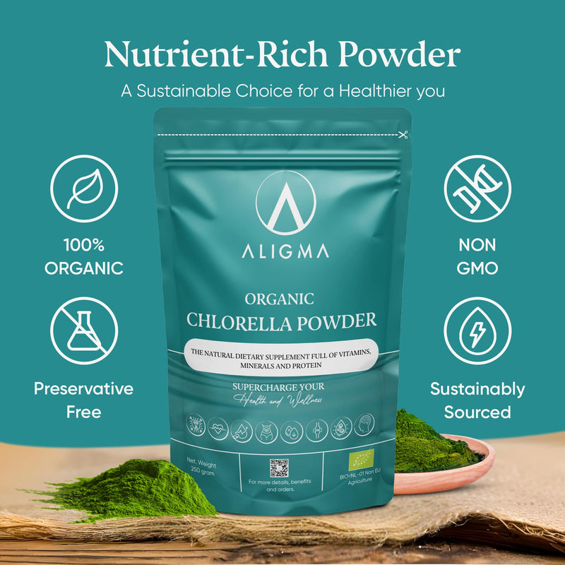 Aligma Organic Chlorella Powder 250g for Immune System Booster, Super Greens Powder, Natural Source of Vegan Protein, Minerals & Vitamins | Resealable Package