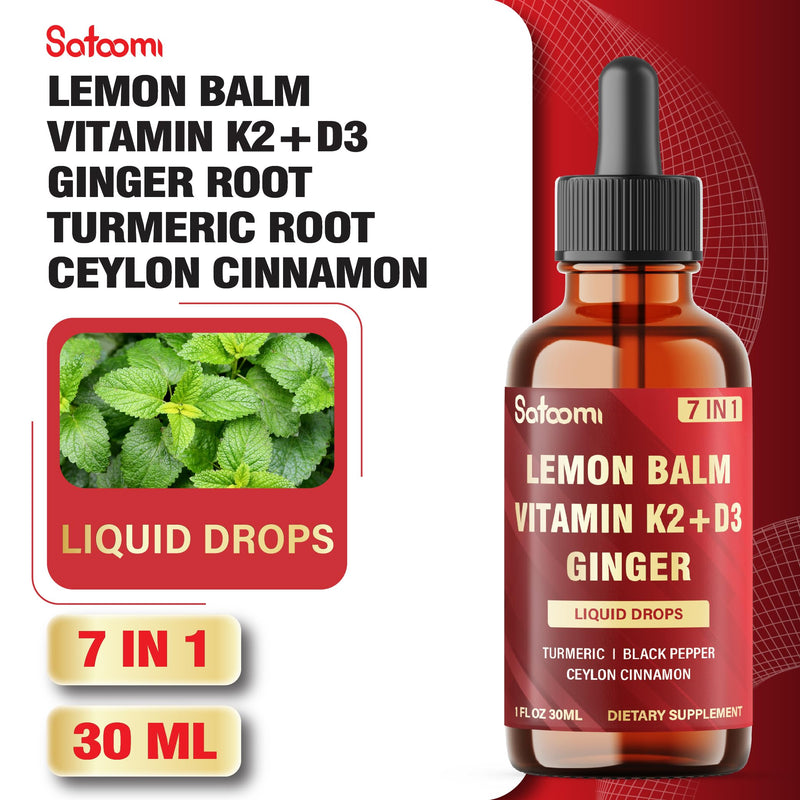 Satoomi 7in1 Lemon Balm Tincture with Vitamin D3, Vitamin K2, Ginger Root, Turmeric, Ceylon Cinnamon and Black Pepper - 1 FL Oz - 60 Day Supply