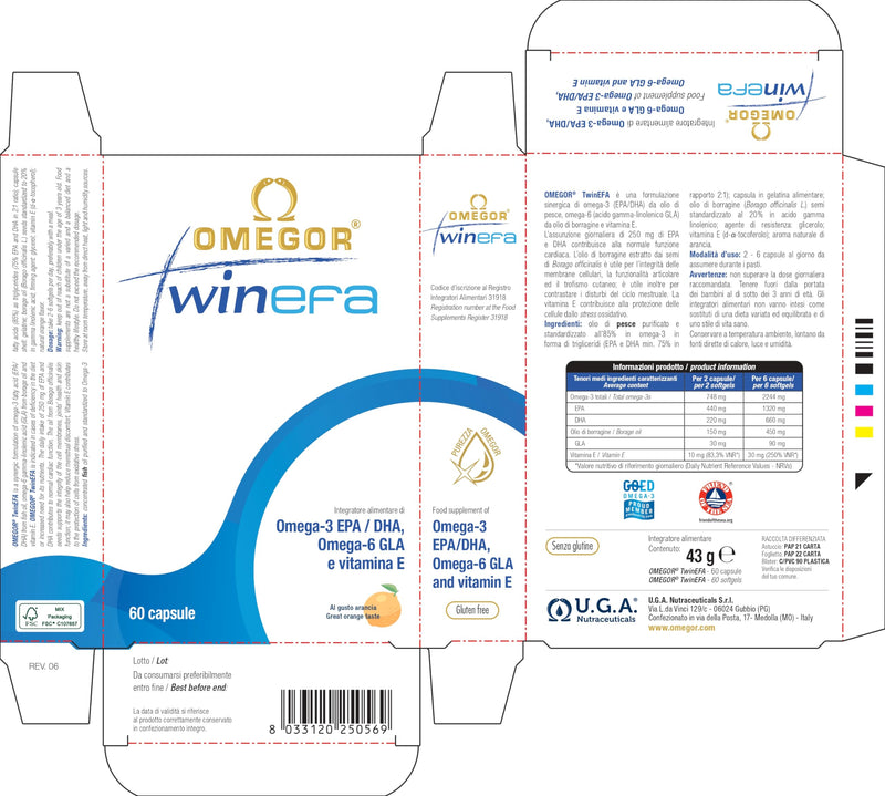 OMEGOR TwinEFA - Omega 3 6 9 Capsules High Strength - Omega3 1890mg EPA/DHA with Fish Oil and Borage Oil - No Aftertaste (60 Orange Flavoured Capsules)