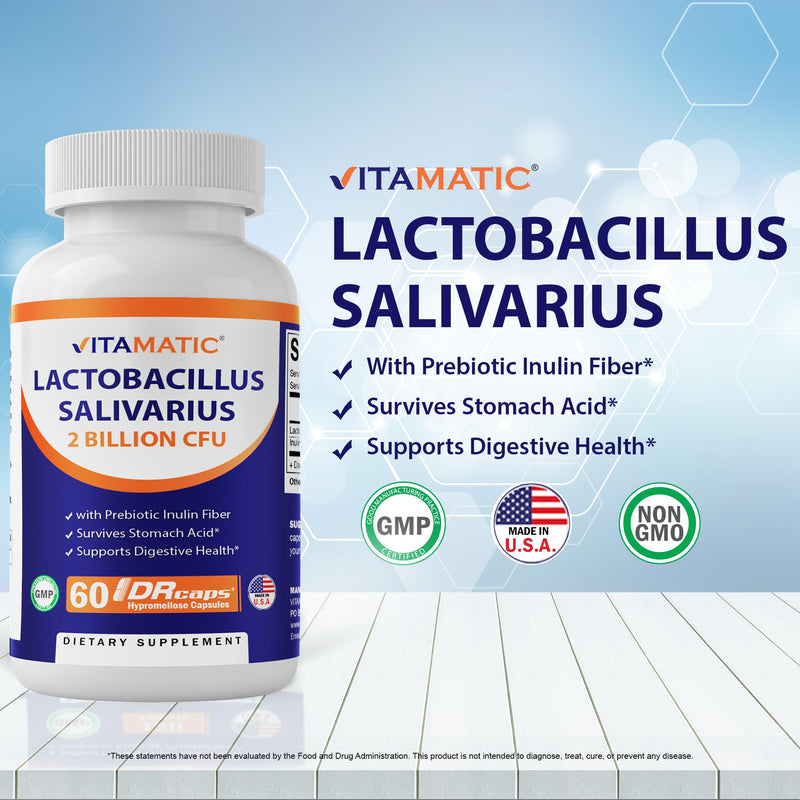 [Australia] - Vitamatic Lactobacillus Salivarius 2 Billion per DR Capsule - 60 Count - Digestive Support - Made with Prebiotic Inulin Fiber (1 Bottle) 1 Bottle 