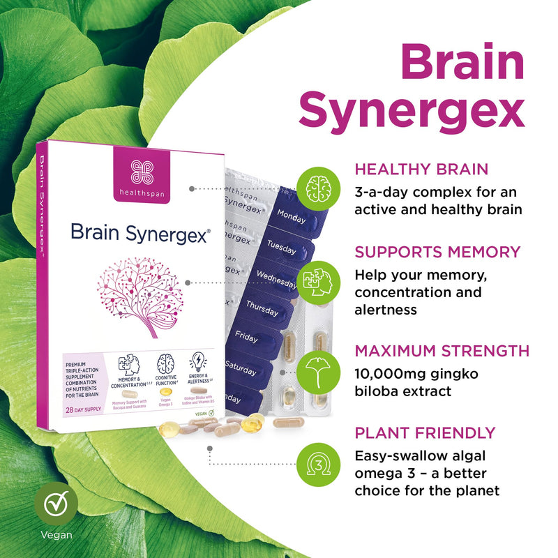 Healthspan Brain Synergex | 28 Day Supply | Brain Health Supplements | Ginkgo Biloba, Neuro-Vitamin Complex, Opti-Omega 3 & Phospholipid Complex