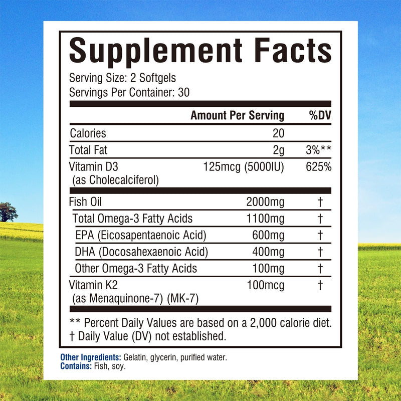 Innate Vitality Omega 3 Fish Oil Supplement, 2000mg Fish Oil Per Serving | EPA 600mg + DHA 400mg with Vitamins D3 K2, Supports Brain & Heart Health, Sustainable & Wild-Caught, 60 Softgels Unflavored 60 Count (Pack of 1)