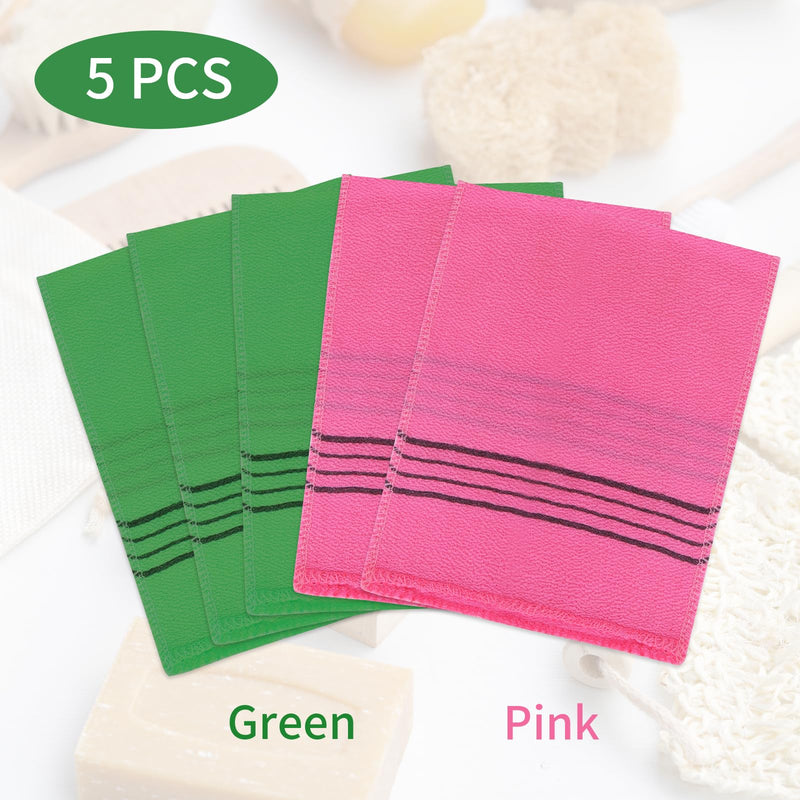 [Australia] - 5pcs Asian Exfoliating Gloves Double Sided Korean Scrubbing Washcloth Italy Towel for Dead Skin Removal Callus Scrubber Shower Exfoliating Glove (Pink Green) 2 Pink, 3 Green 