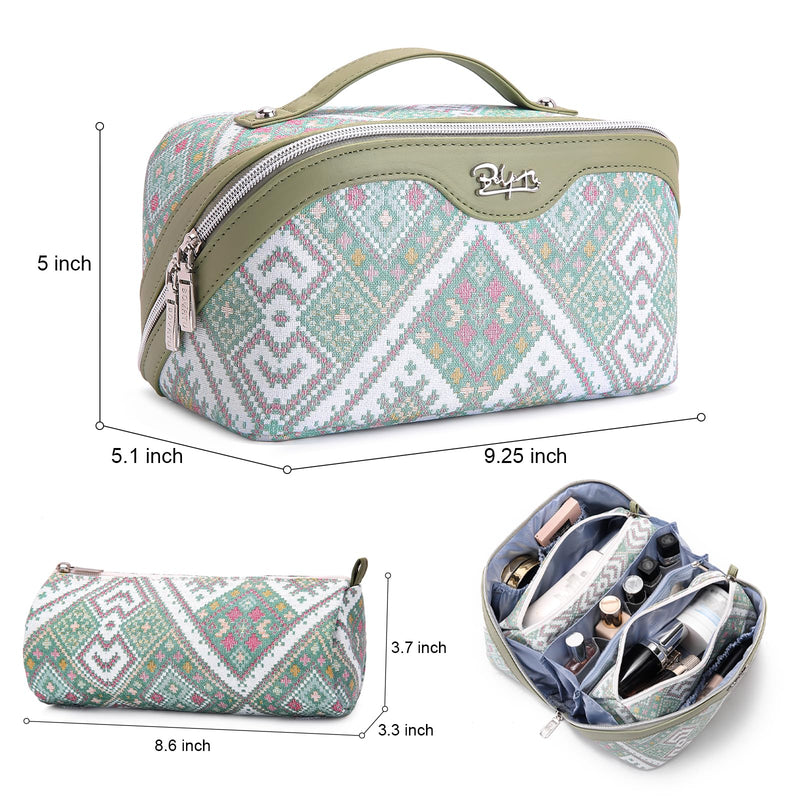 BOYATU Travel Makeup Bag Organizer: Boho Large Capacity Cosmetic Bag Sets | 3Pcs Waterproof Leather Toiletry Bags | 180°Open Flat Make up Case with Compartments | Western Travel Essentials for Women 17-Mint Green