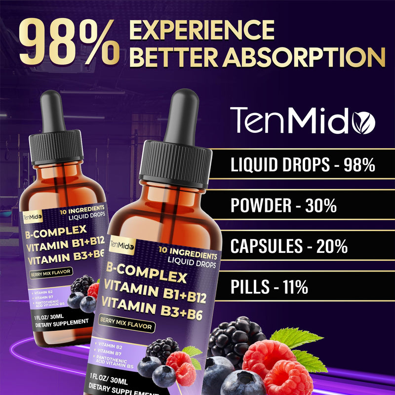 10in1 Vitamin B Complex Liquid Drops with B1 Thiamine, B12 Methylcobalamin, B2 Riboflavin, B3 Niacinamide, B5 Pantothenic Acid, B6 Pyridoxine, B7 Biotin and More - 30ml 1 Fl Oz