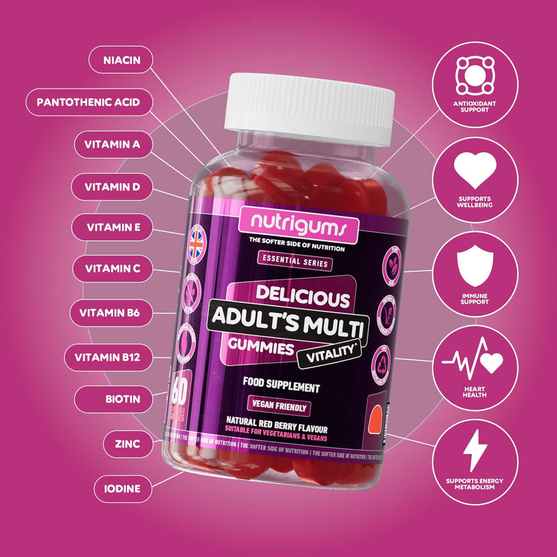 Adult Multi Vitality Gummy | 11 Essential Vitamins & Minerals A,D,E,C,B3,B6,B5,B12,Biotin, Zinc & Iodine | Mixed Berry Flavour | 60 Vegan Gummies | Support Wellbeing & Immune System by NUTRIGUMS®