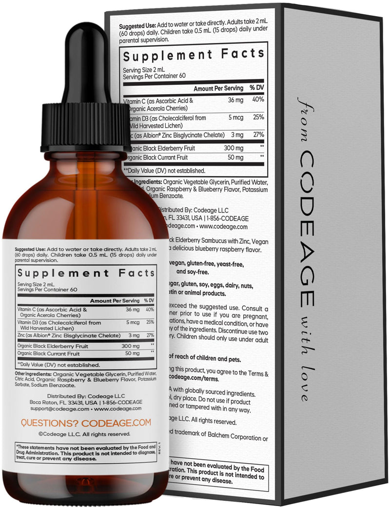 Codeage Elderberry Vitamins Pro Liquid, Vitamin C, D3, Zinc, 4 Fl Oz | Organic black elderberry liquid drops, black currant, vitamin C, D3, zinc. Adults & kids. Vegan, non-GMO.