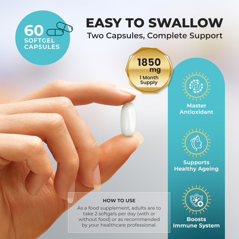 Liposomal Glutathione 1850mg per Serving | Glutathione Supplement Capsules with Vitamin C | Master Antioxidant, Healthy Ageing, Boosts Immune System | 4X Higher Absorption (60 Softgels)