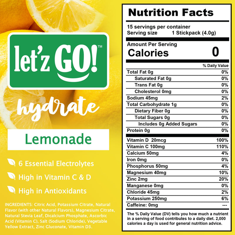 Let'z Go! Hydrate - Electrolyte Drink Mix - Hydration + Electrolytes + Antioxidant Powder Packets, Natural Flavors, Vitamins C + D | No Sugar | No Calories | (15 Count) Lemonade - Pack of 2