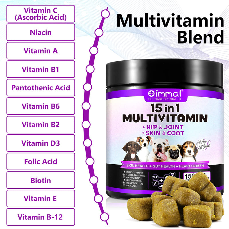 15 in 1 Dog Vitamins Supplements -150PCS-Multifunctional Supplements for Dogs-Glucosamine Chondroitin for Joint Support with Probiotics for Gut & Immune Health and Skin & Heart Health - PawsPlanet Australia