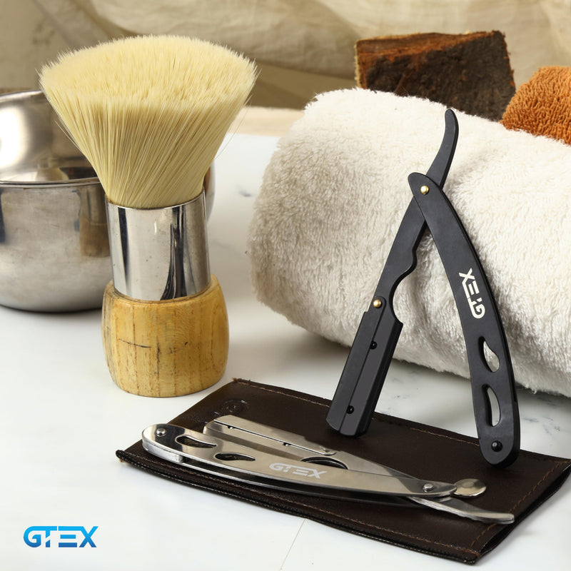 [Australia] - GTEX Razor with 100 Premium GTEX Razor Blades & Leather Case - 2 Men's Razors (Black and Silver) 100 Razor Blades - Straight Razor Razor Men's Ustura Beard Knife Silver and Black 
