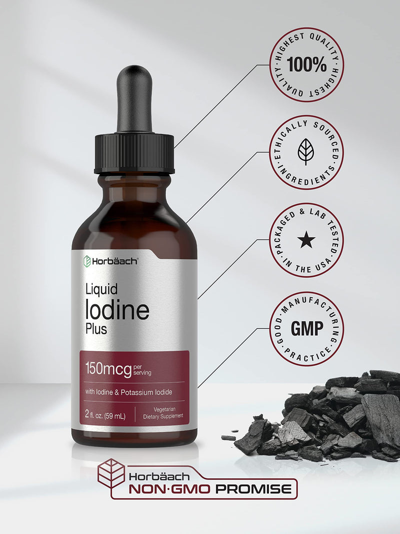 Horbäach Liquid Iodine Solution Drops | 2 fl oz | 150 mcg | Iodine & Potassium Iodide Supplement | Vegetarian, Non-GMO, Gluten Free Liquid Tincture