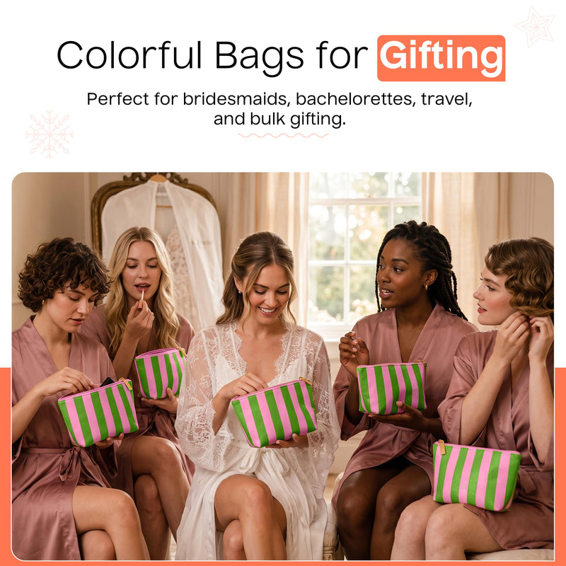 Preppy Stripe Crinkle Makeup Bag Set of 5 Travel Cosmetic Bags | Pink and Green, 6 x 9 x 3 in, Crinkle & stripe design, waterproof fabric, generous capacity, gift for women Green/Pink